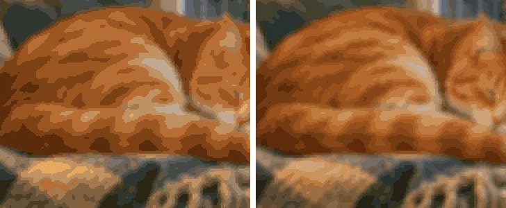Uitsnede van Poes bij een regenraam: links 24 kleuren, rechts 48 kleuren