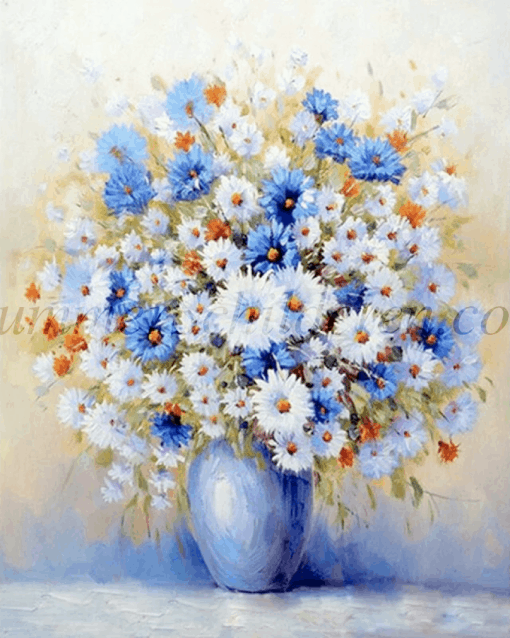 witte blauwe bloemen in vaas
