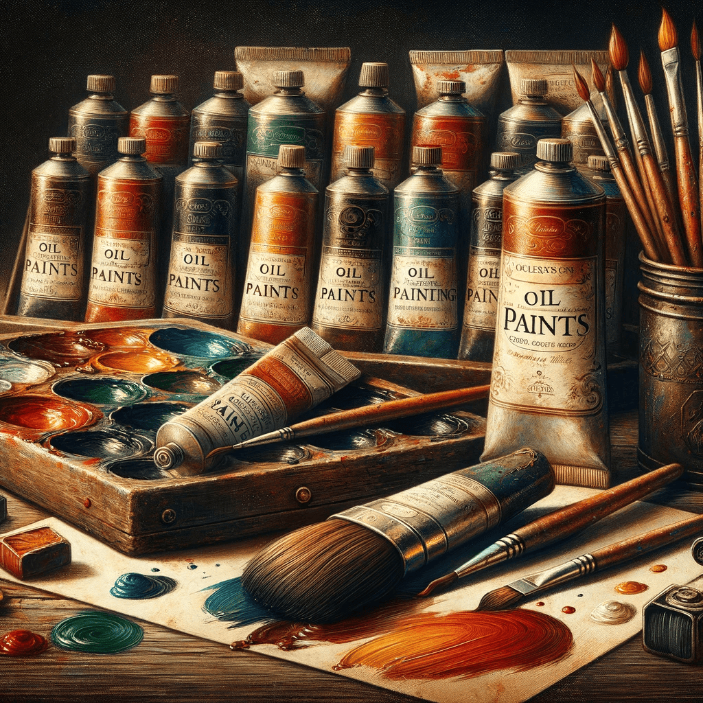 DALL·E 2023 11 29 11.57.19 A classic textured illustration of an oil paint set featuring several tubes of rich vibrant oil paints arranged artistically. Alongside the tubes