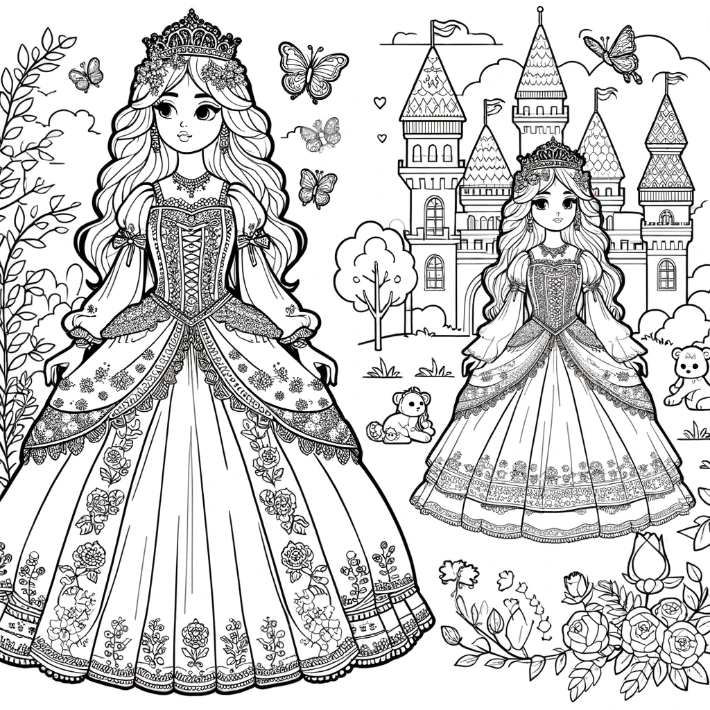 Prinses Kleurplaat met jurk en beer