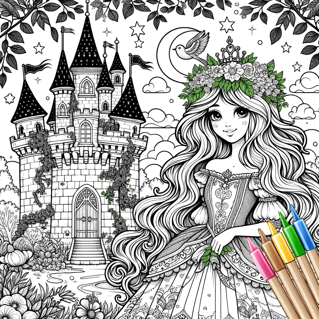 Prinses met kasteel in het bos kleurplaat.png