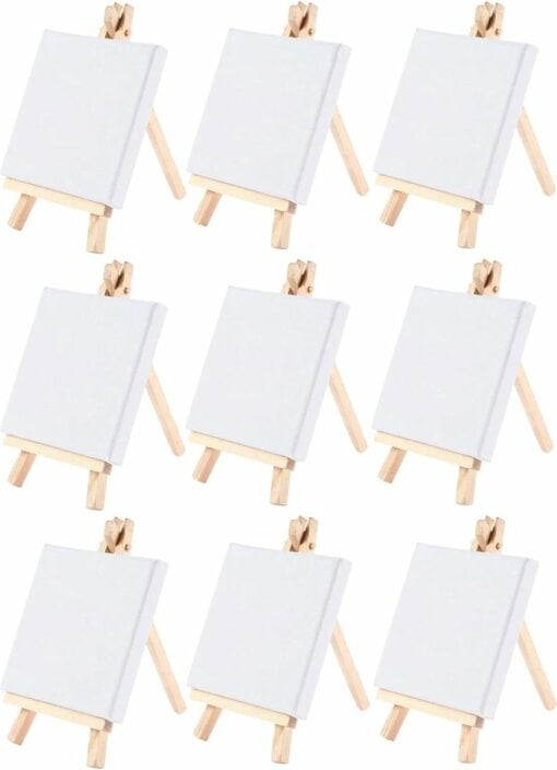 Schilderen op nummer – Schildersezel – 9 stuks mini-canvas met mini-ezel, mini-houten decoratie, schildersezel, kleine houten driehoek ezel voor display, foto’s, visitekaartjes | SEOS Shop ®