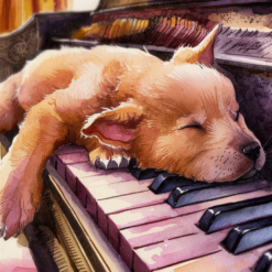 Puppy slaapt op piano