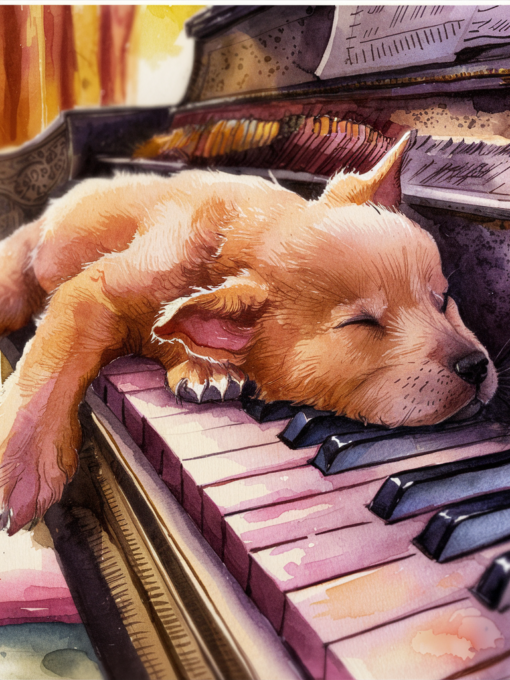 Puppy slaapt op piano