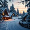Besneeuwde huisjes in de schemering