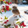 Winterkoninkje op besneeuwde tak