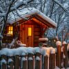 Knusse winterhut met besneeuwde bomen