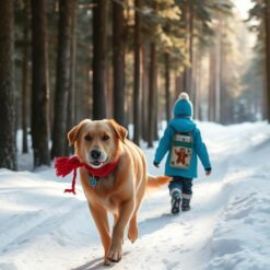Winterse boswandeling met hond