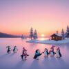 Winterse zonsondergang, bevroren meer