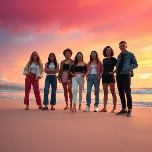 Vrienden op zonsondergang aan het strand