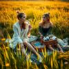 Vriendinnen picknicken in de wei