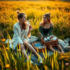 Vriendinnen picknicken in de wei