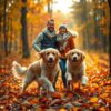 Vrienden spelen met honden in herfstbladeren