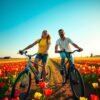 Vrienden fietsen door bloeiende velden
