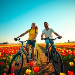 Vrienden fietsen door bloeiende velden