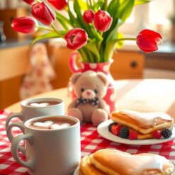 Valentijnsontbijt met rode tulpen