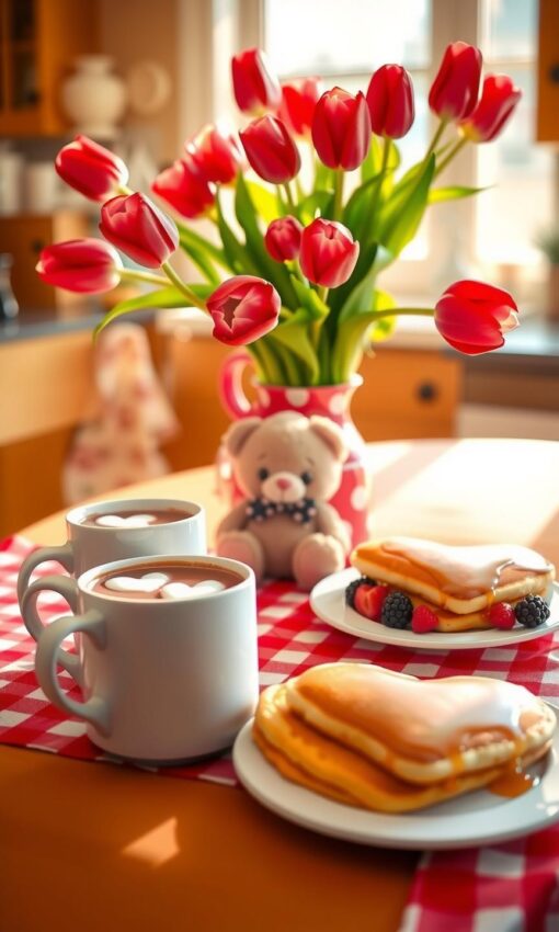 Valentijnsontbijt met rode tulpen