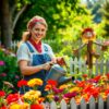 Vrouwenkracht in bloeiende tuin