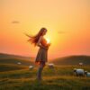 Sterke vrouw, gouden zonsondergang