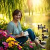 Inspirerende vrouw, vredige rivieroever