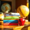 Stapel boeken, appel op bureau