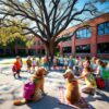 Lachende kinderen op schoolplein