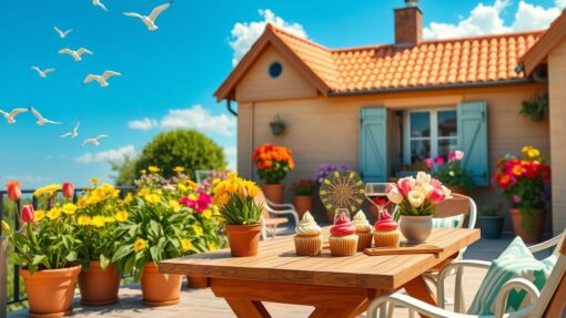 Zonovergoten terras met bloemen