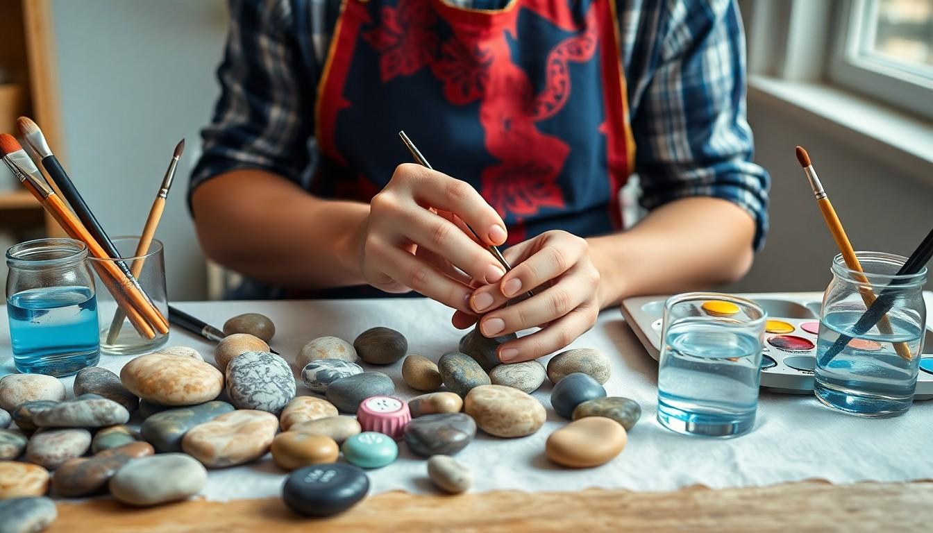 Benodigdheden voor stenen schilderen met schilderpenseel en acrylverf
