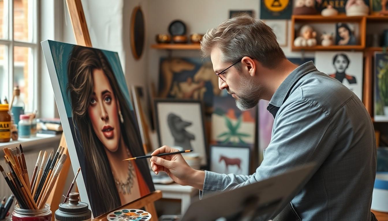 Materialen voor portretschilderen: penselen, verf, canvas