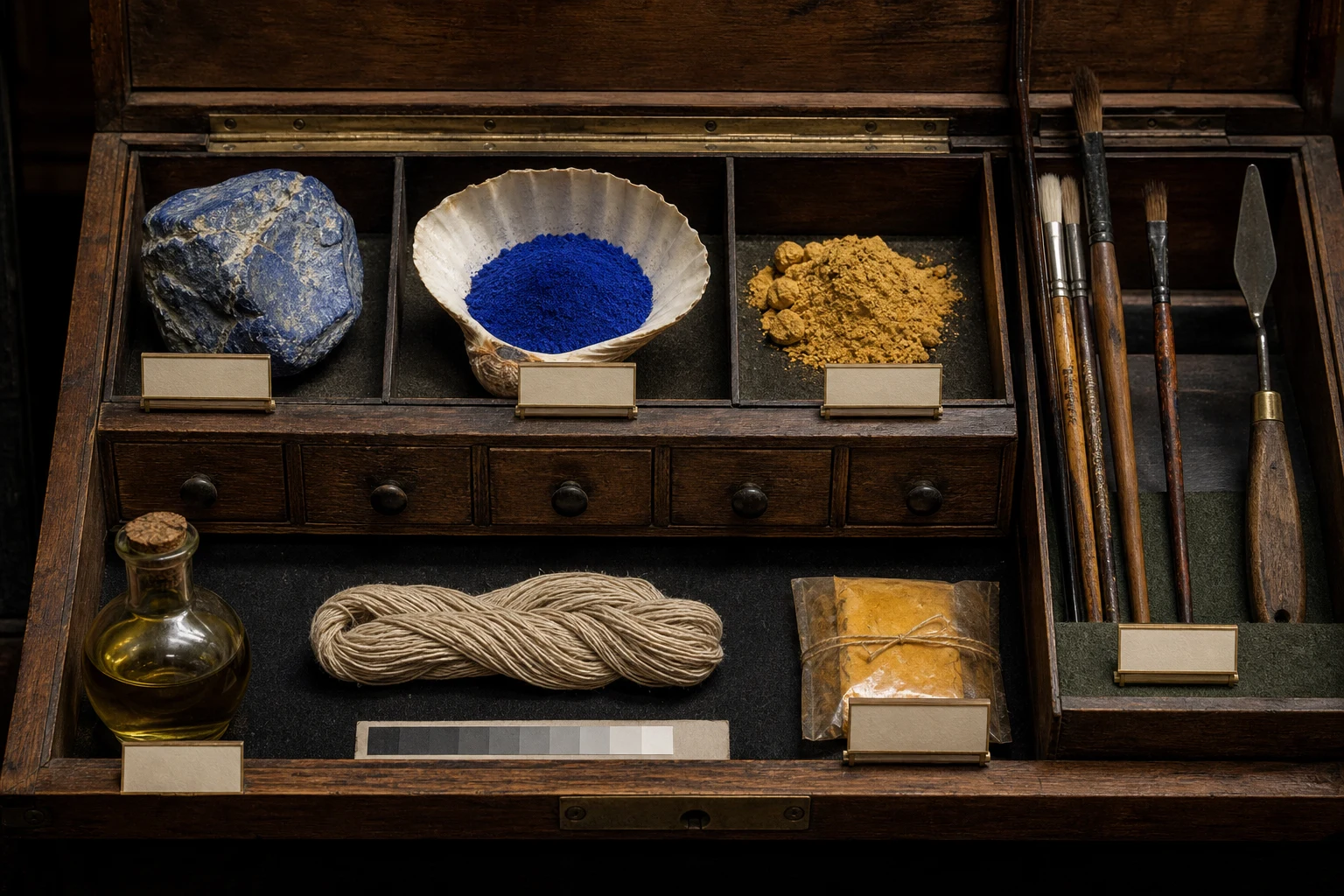 Museumkast met ultramarijn, oker, penselen, lijnolie, linnen en waardeschaal