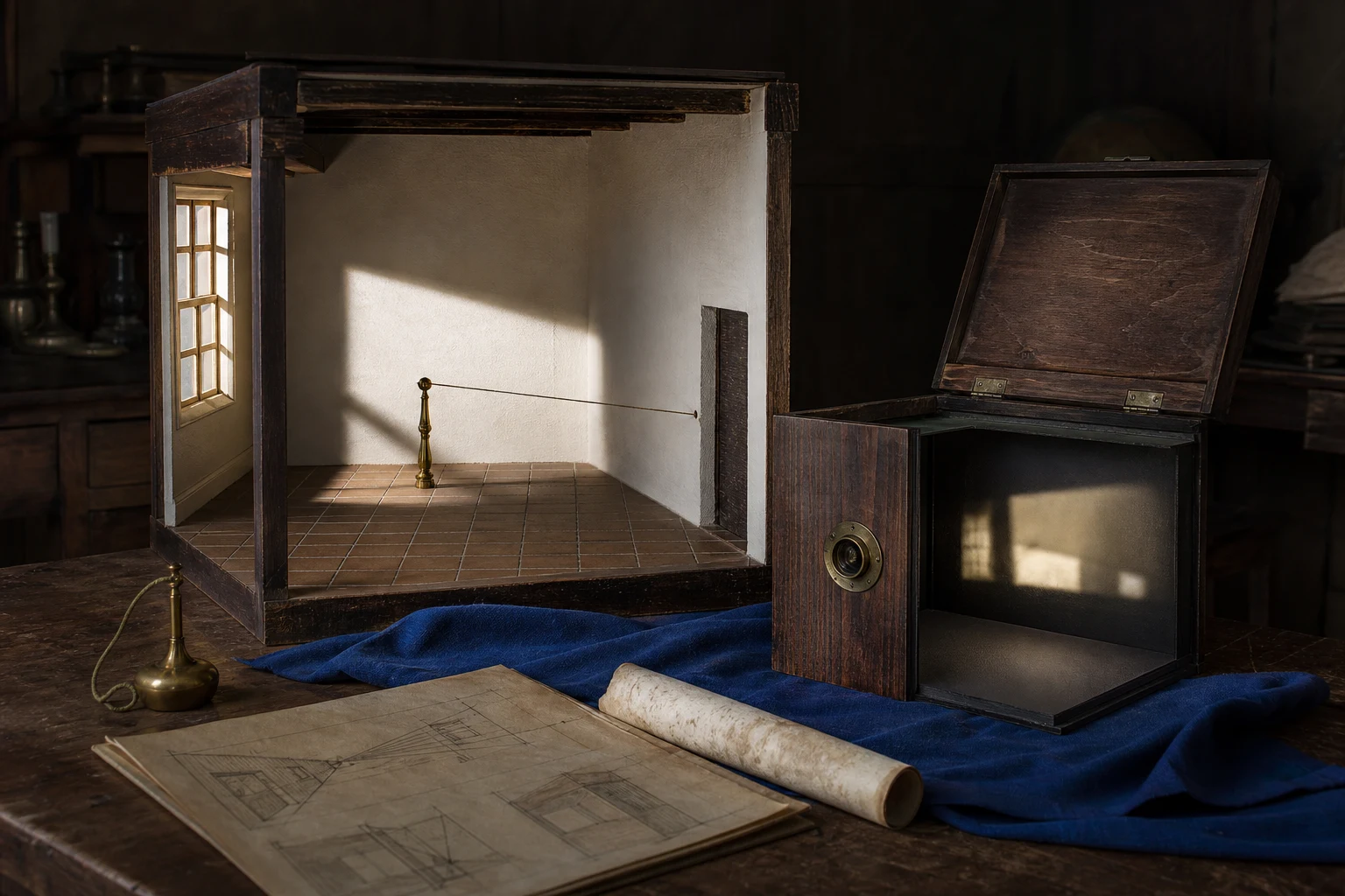 Educatief kamermodel met vensterlicht, perspectiefdraad en camera obscura