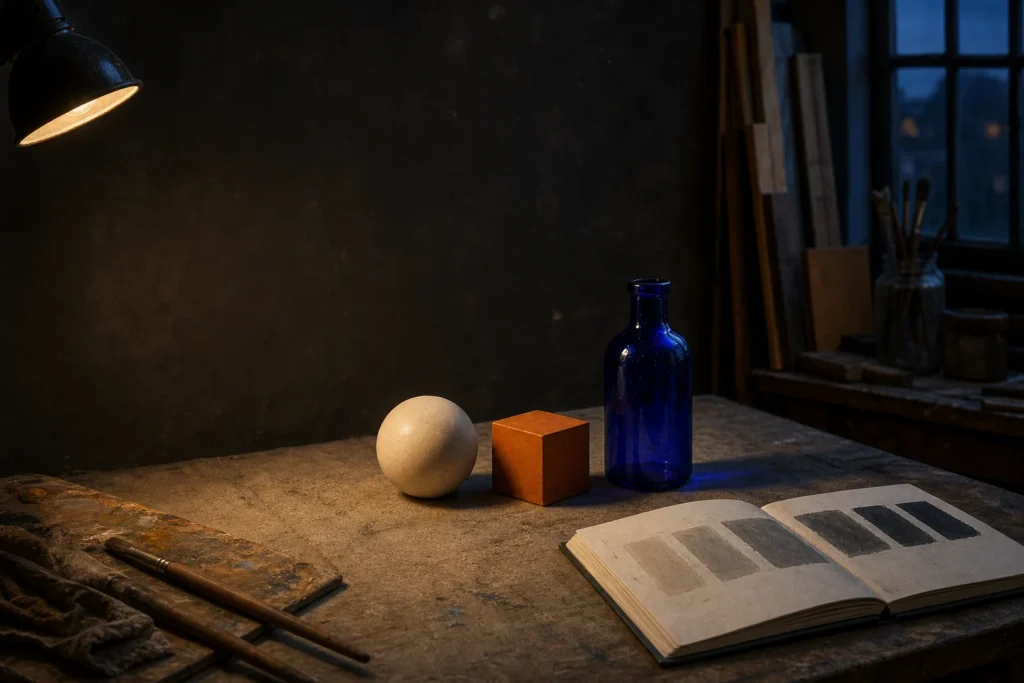Atelier met één warme lichtbron, bol, kubus en blauwe fles voor een studie van licht en schaduw