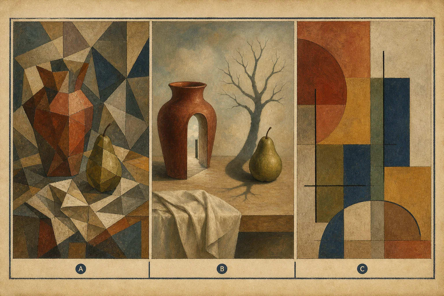 Een stilleven vergeleken als gefragmenteerde, droomachtige en volledig abstracte compositie