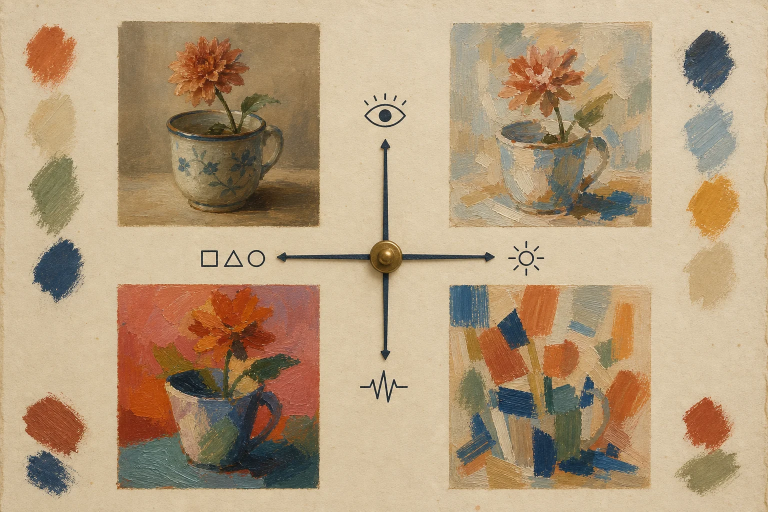 Keuzekompas met een bloemmotief voor gelijkenis, licht, emotie en abstracte vorm