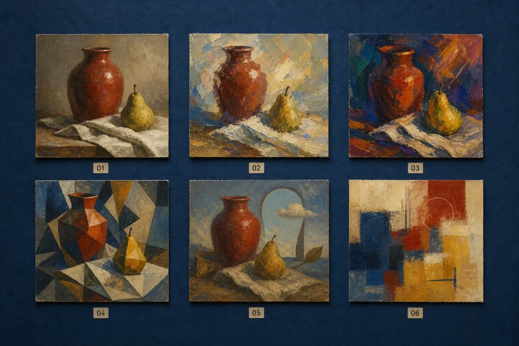 Zes originele studies van hetzelfde stilleven van realistisch tot volledig abstract