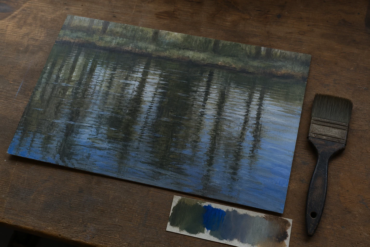 Acrylstudie met verticale boomreflecties die door horizontale waterrimpels worden onderbroken