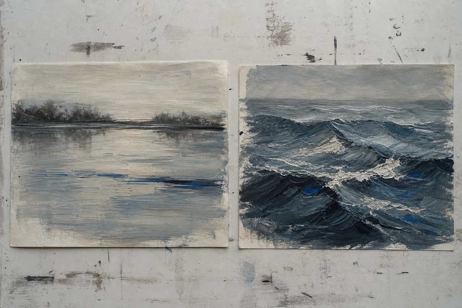 Twee acrylstudies vergelijken lange rustige vijverstreken met korte gebroken zeegolven