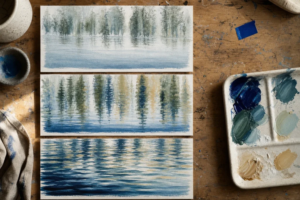 Drie horizontale acrylstudies tonen basislaag, verticale reflectie en waterrimpels