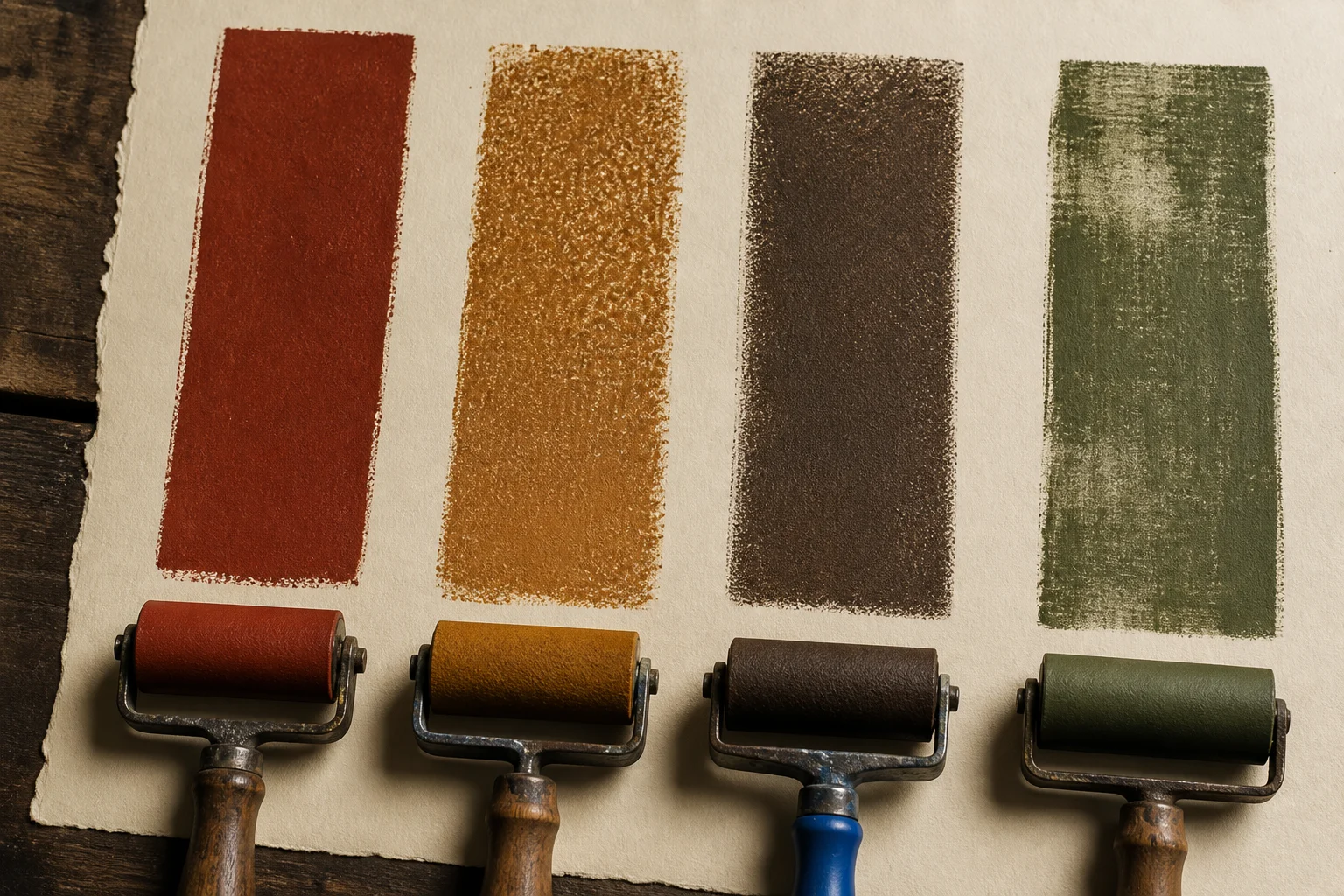 Vier gedroogde acrylverfbanen met vilt-, vacht-, schuim- en rubberrollers