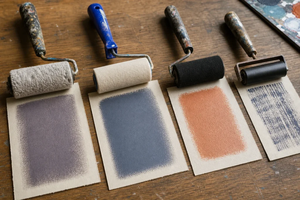 Vier gebruikte kunstenaarsrollers met verschillende acrylverfproefstrepen op papier