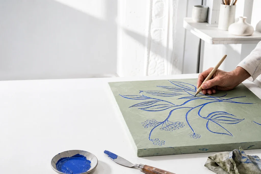 Sgraffitopaneel met groene bovenlaag waarin blauwe botanische lijnen worden gekrast
