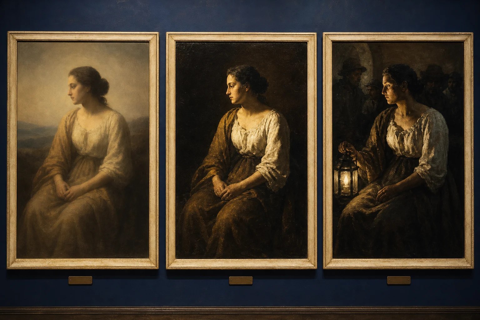 Drie museumstudies van dezelfde figuur met renaissance-sfumato, Rembrandtesk clair-obscur en Goya-achtige dramatiek