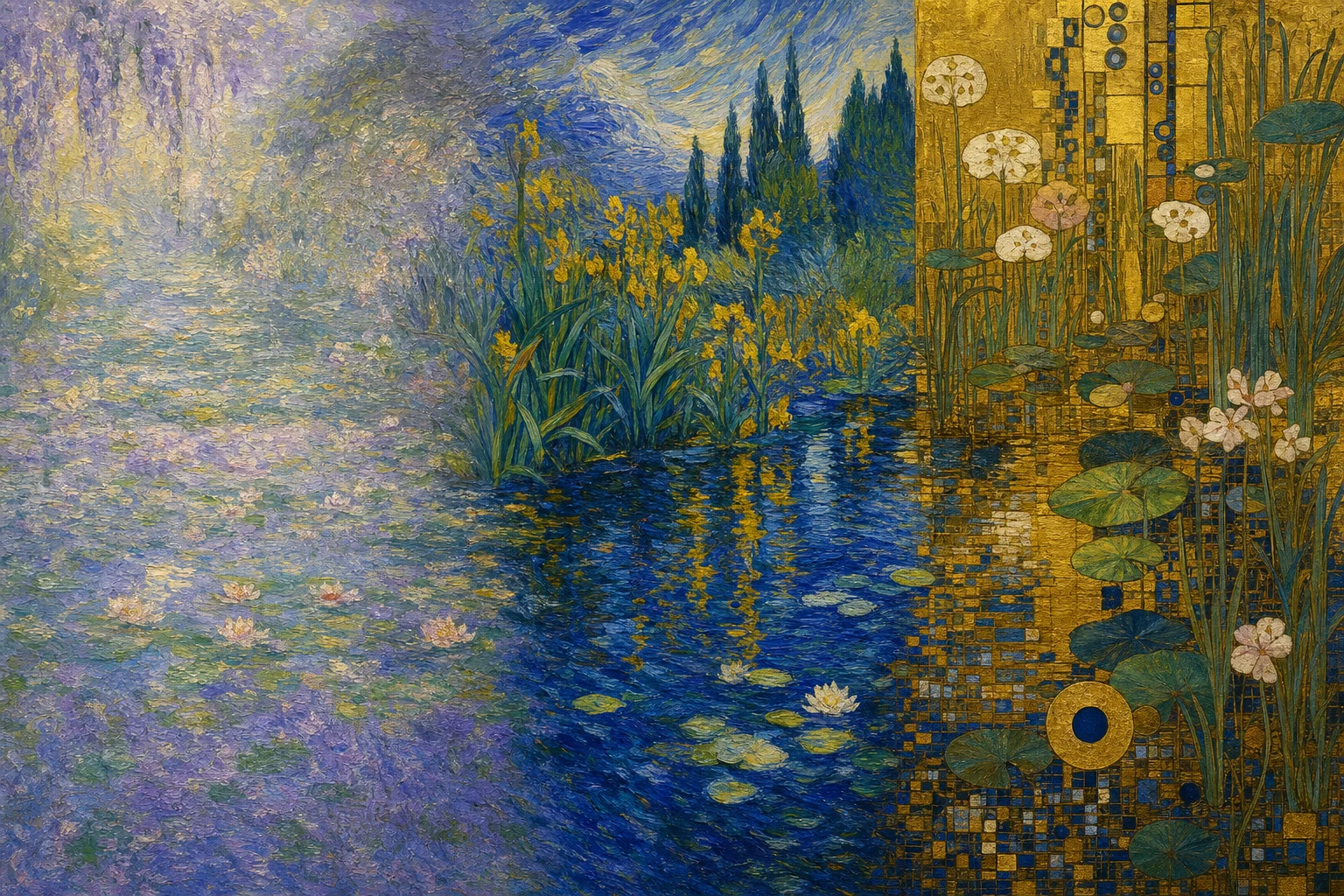 Eenzelfde tuinmotief vertaald in impressionistische lichttoetsen, expressieve Van Gogh-streken en Klimtachtig goudornament
