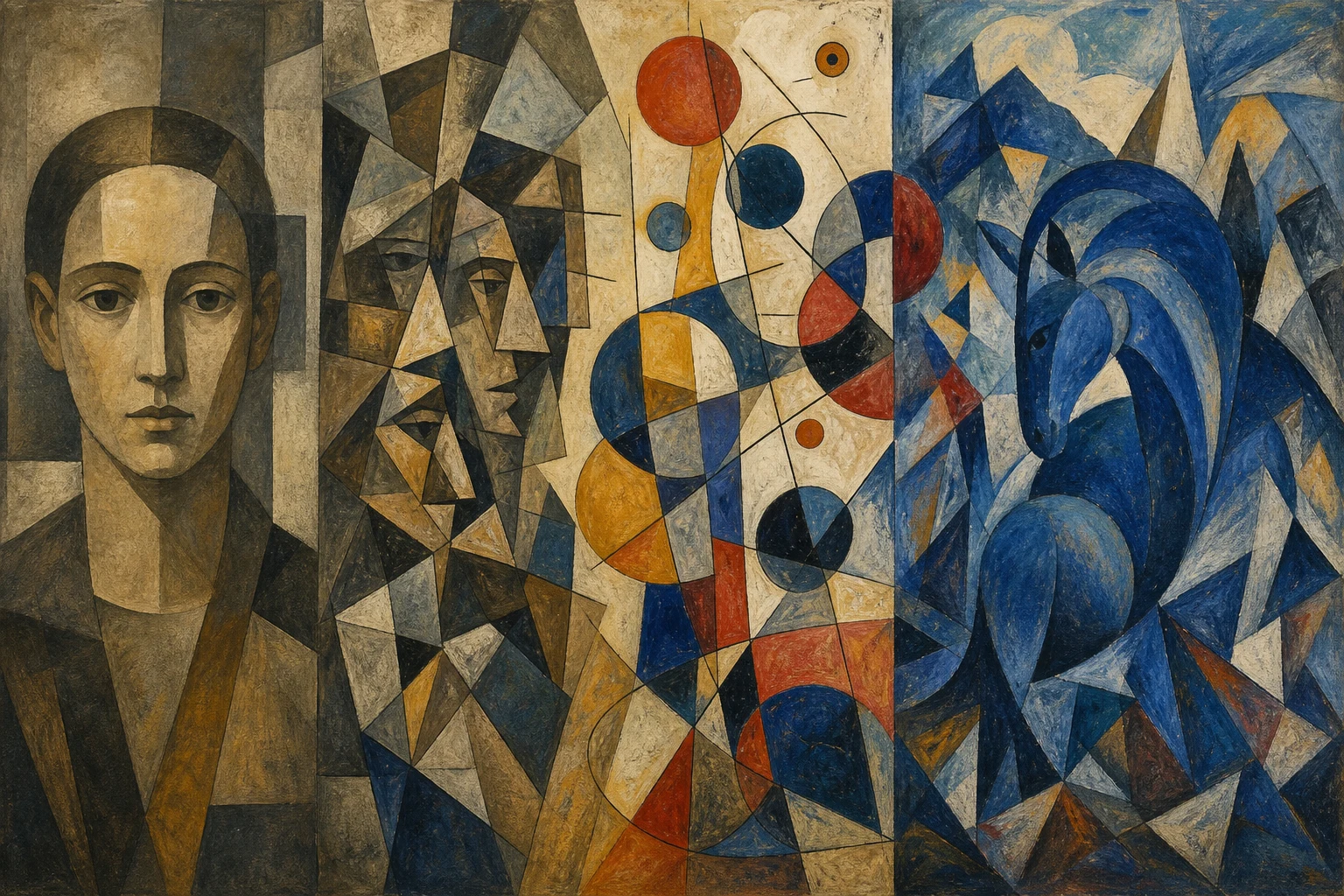 Visuele studie waarin een portret uiteenvalt van kubistische vlakken naar abstract ritme en expressionistische kleur