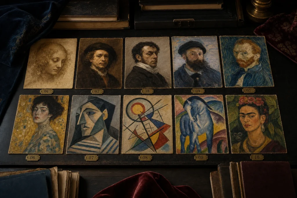 Museumtafel met tien genummerde portretstudies uit verschillende perioden van de schilderkunst