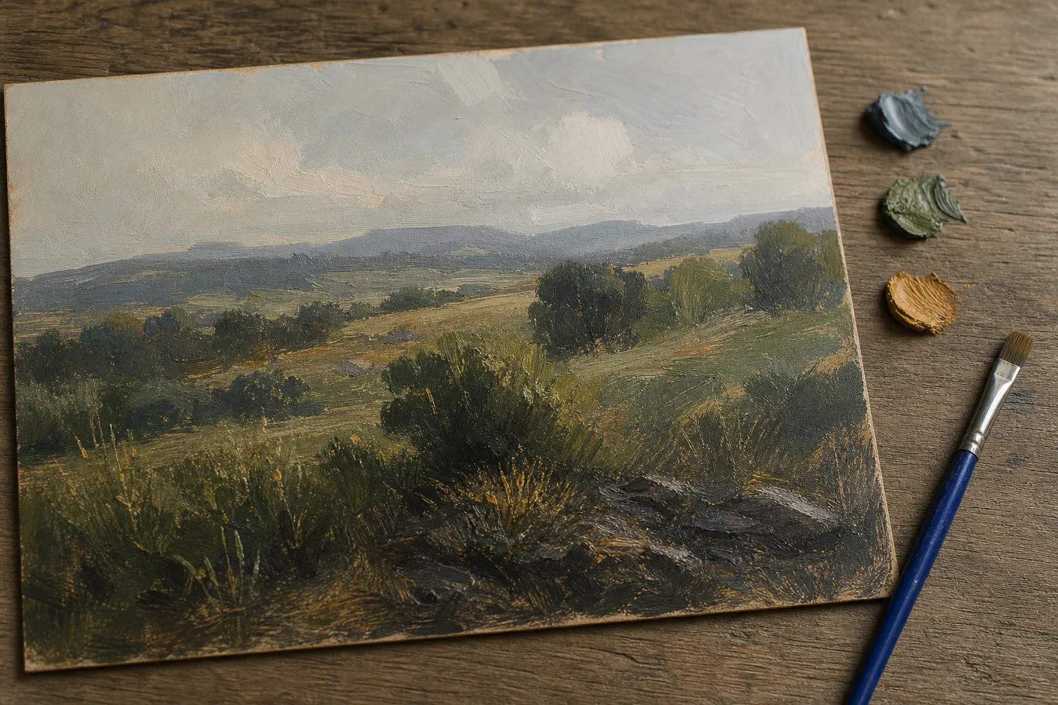Gelaagd landschap met lichte zachte achtergrond, overlappend middenplan en donkere getextureerde voorgrond