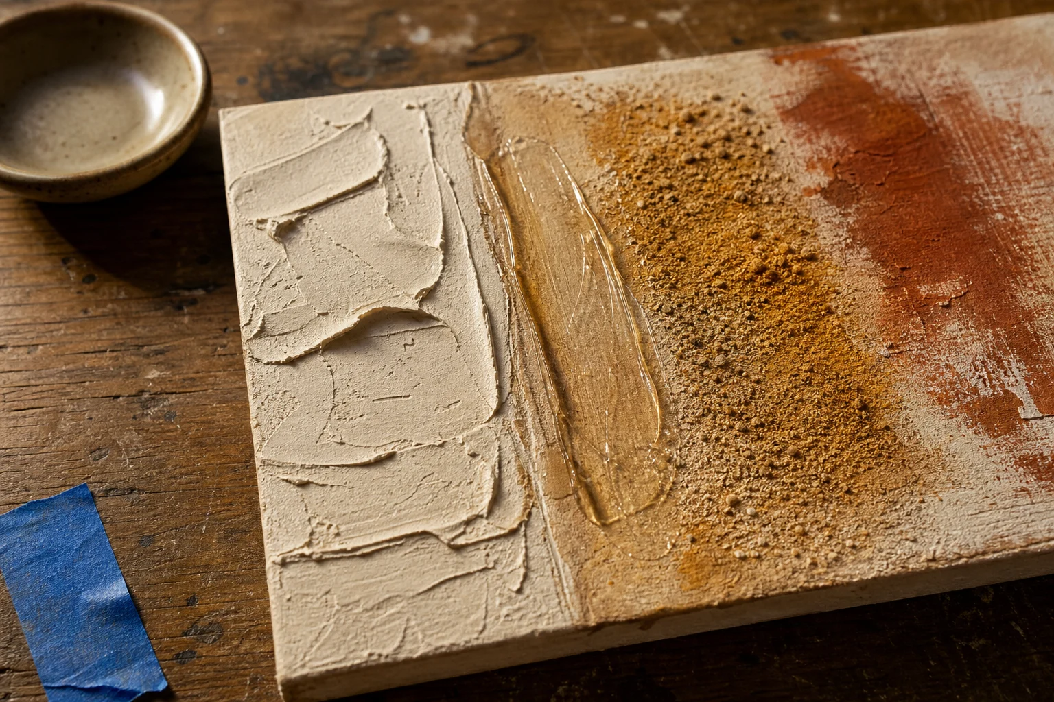 Acrylproefpaneel met modeling paste, transparante gel en een fijne korrelstructuur