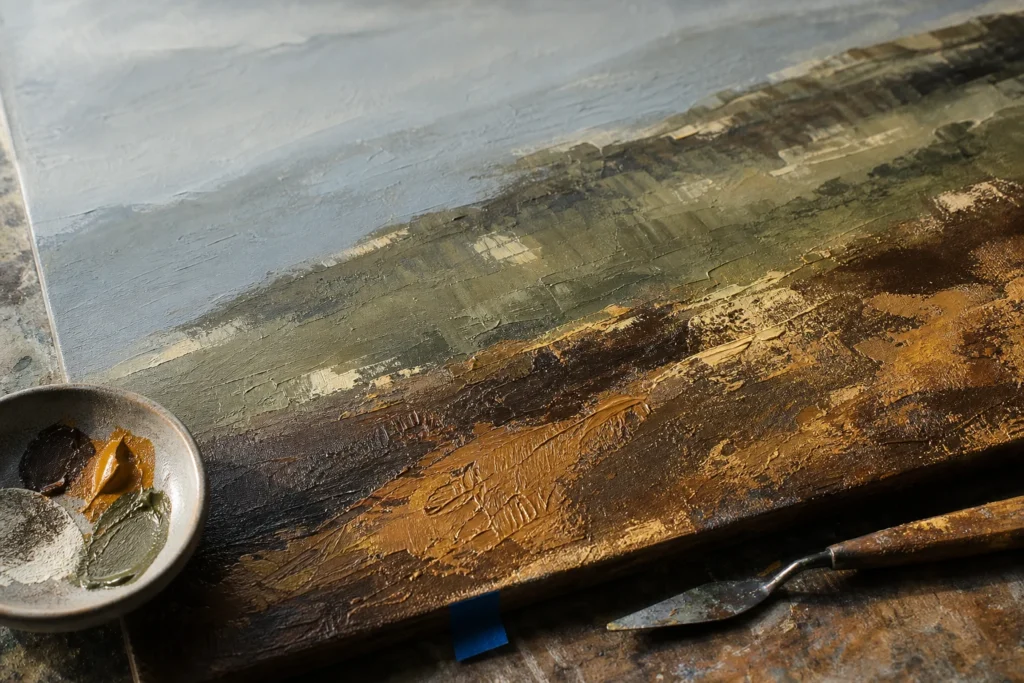 Gelaagd acrylschilderij met zachte verte en een getextureerde voorgrond in strijklicht