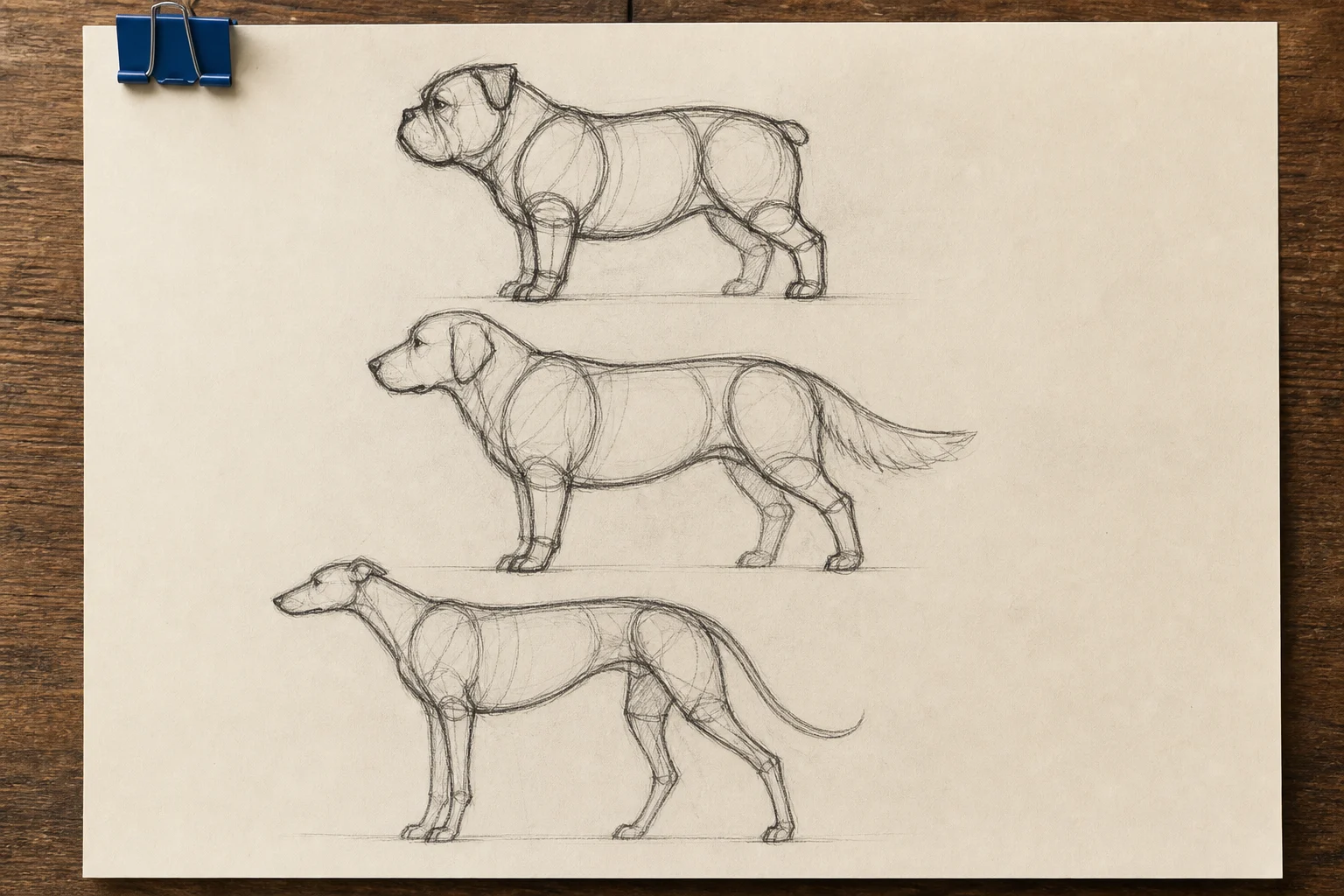 Constructietekeningen van drie honden met verschillende lichaamsverhoudingen