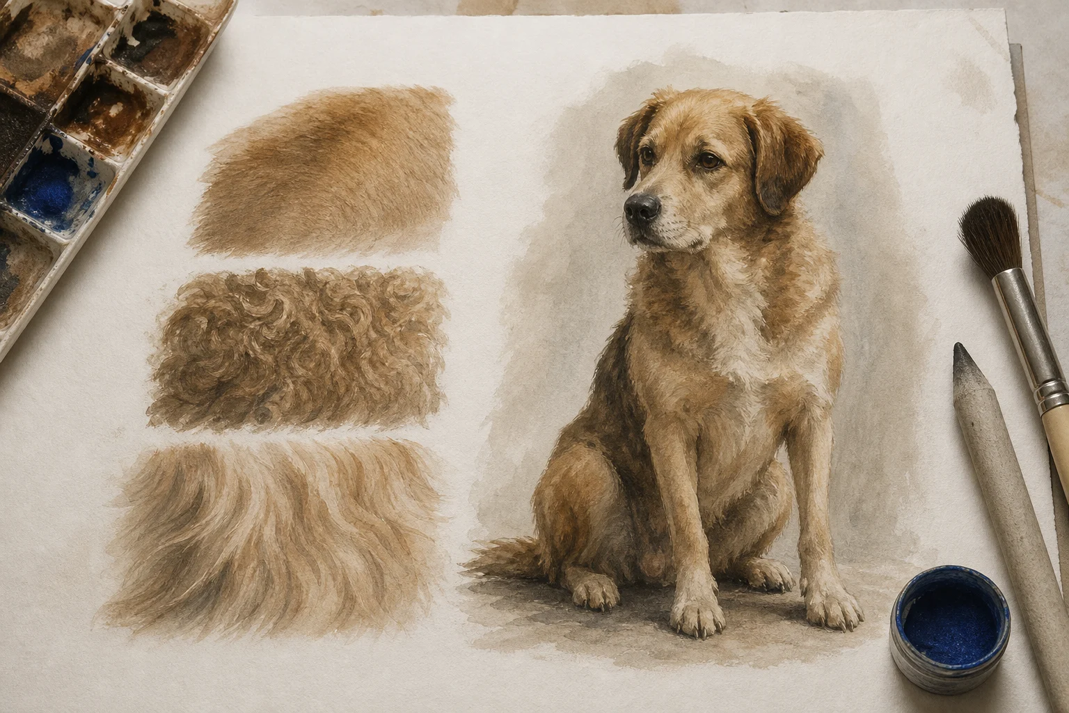 Geschilderde zittende hond naast studies van korte krullende en lange vacht